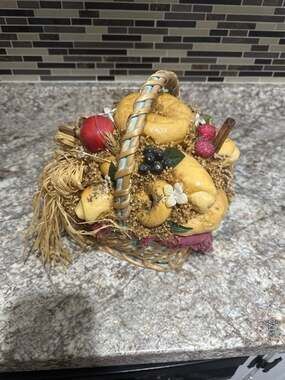 Vintage Hand-Painted Salt Dough or Resin Faux Bread and Fruit Basket Centerpiece